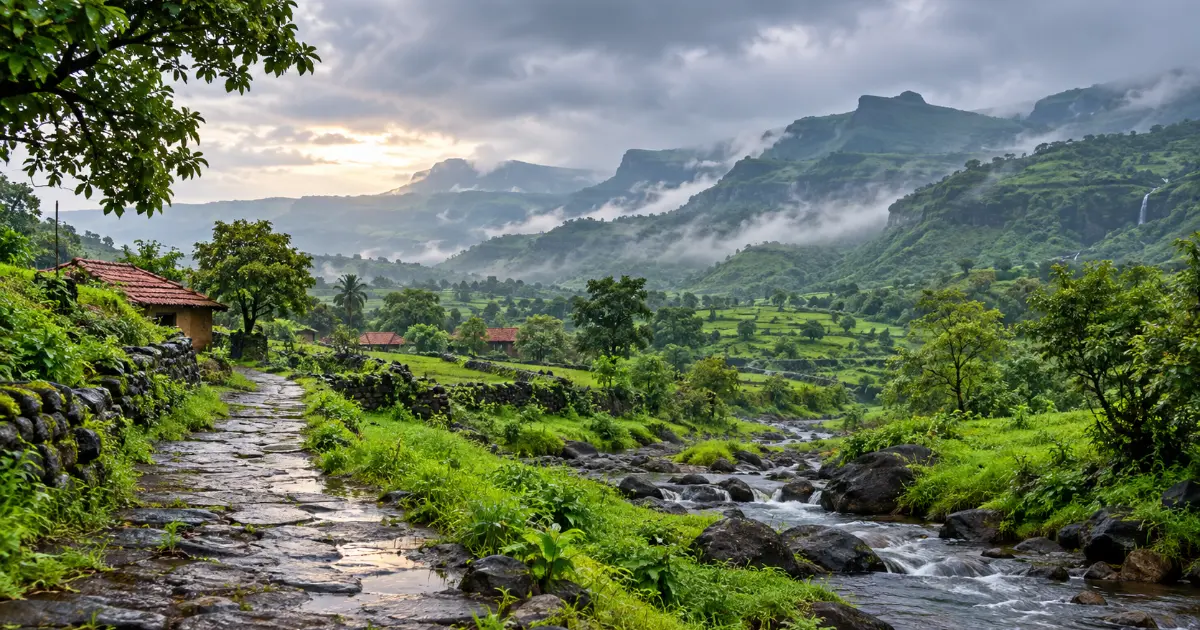 Lush green Sahyadri landscape in Maharashtra during monsoon
