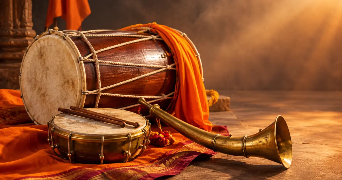 Traditional Maharashtrian Dhol Tasha drums and brass Tutari