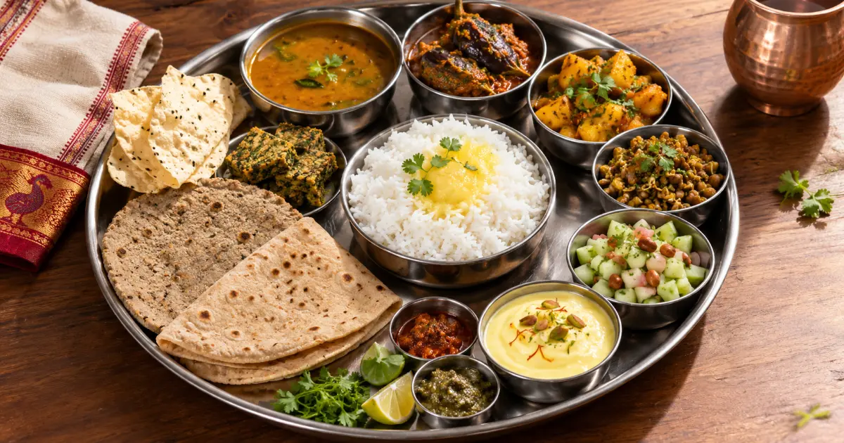 Traditional Maharashtrian thali with varan bhaat, bhakri, amti and traditional dishes
