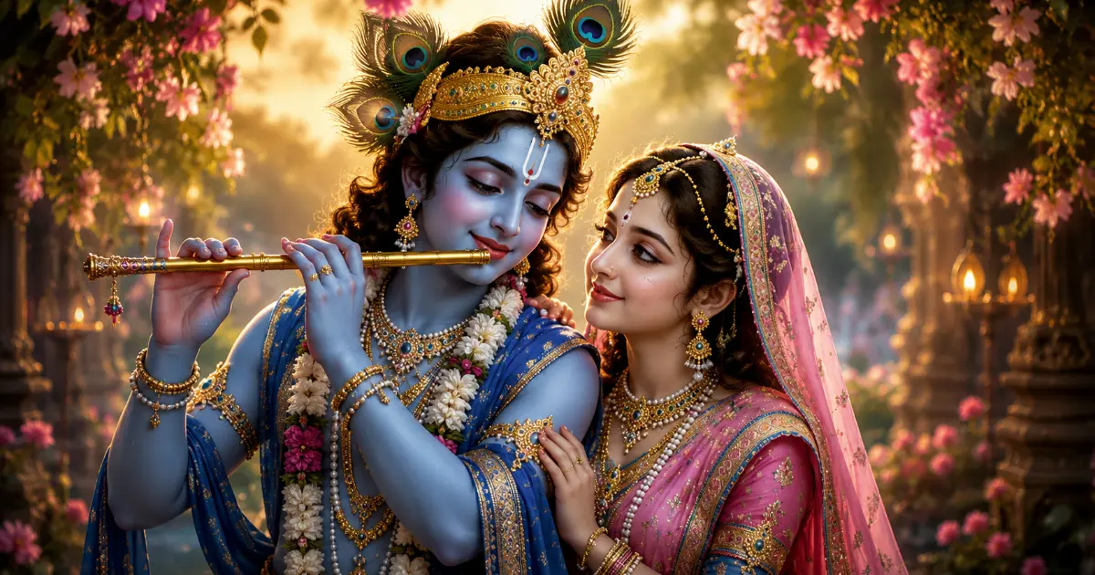 Radha and Krishna standing together as Krishna plays the flute in a devotional setting