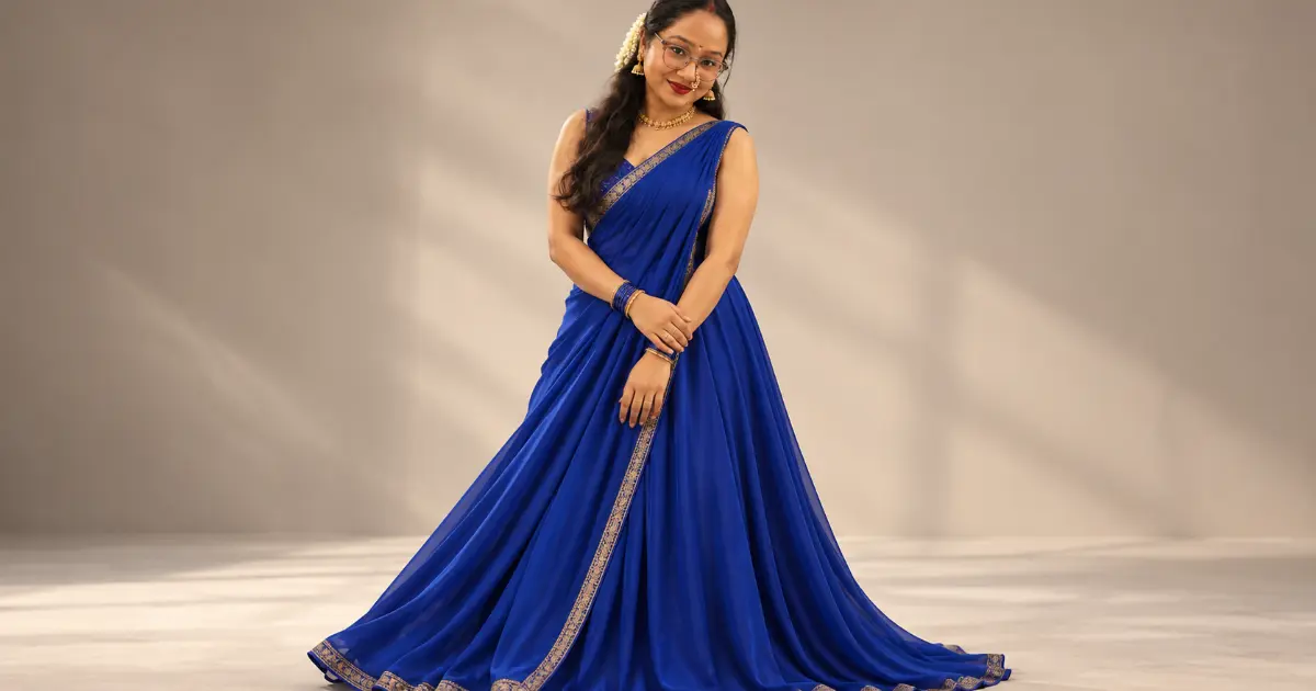 Royal blue pre-draped saree gown मधील Indo-Western fusion fashion look