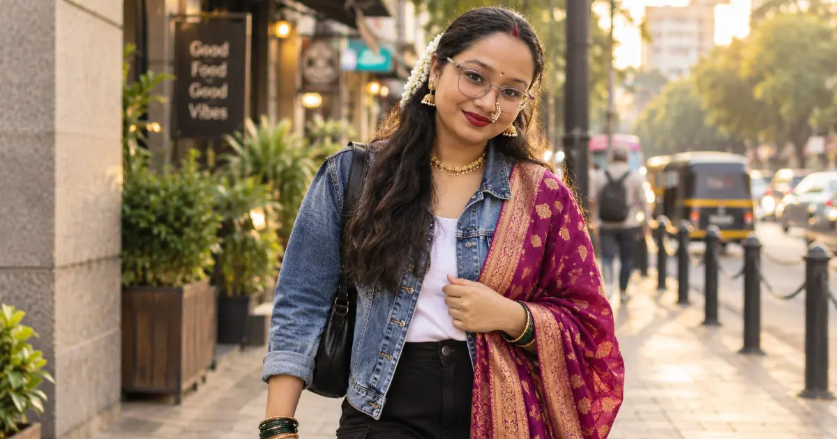 Modern denim jacket आणि traditional dupatta मधील Indo-Western street-style fusion look