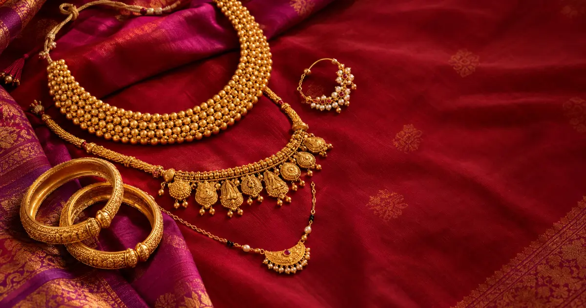 Traditional Maharashtrian jewellery including Nath, Thushi and Kolhapuri Saaj