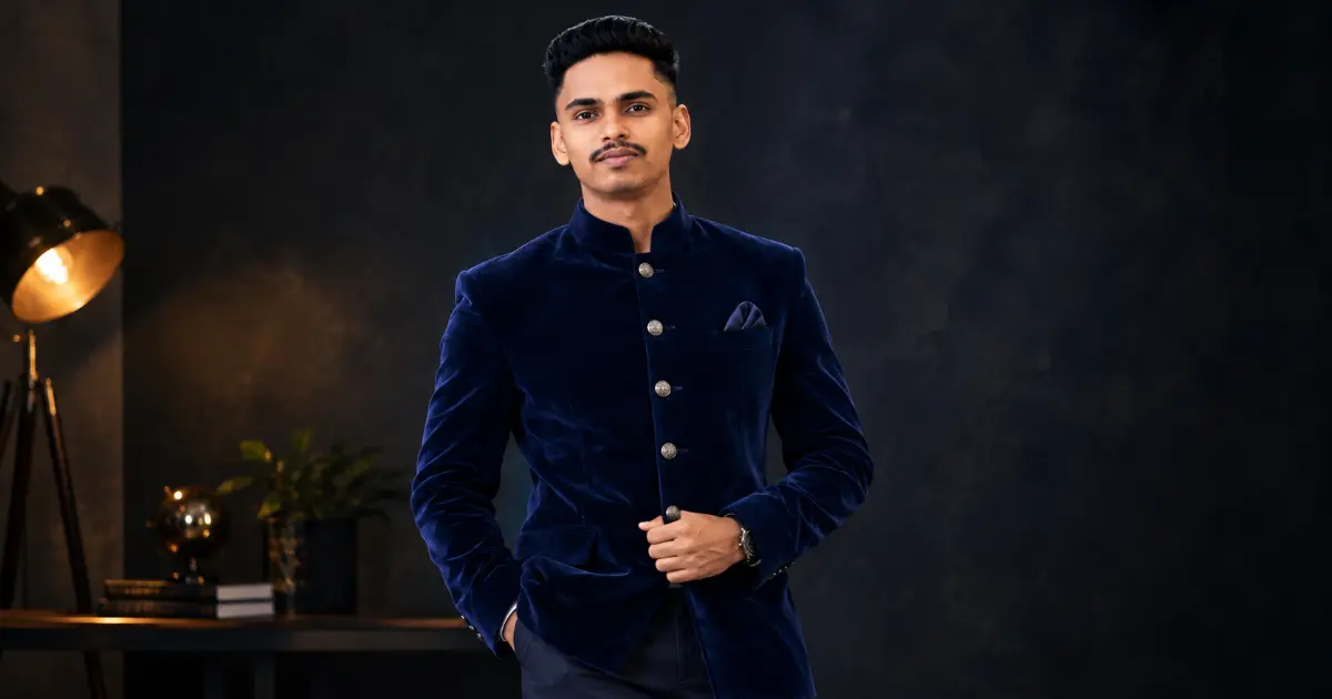 Deep navy velvet Bandhgala jacket मधील modern Indian formal fusion fashion look