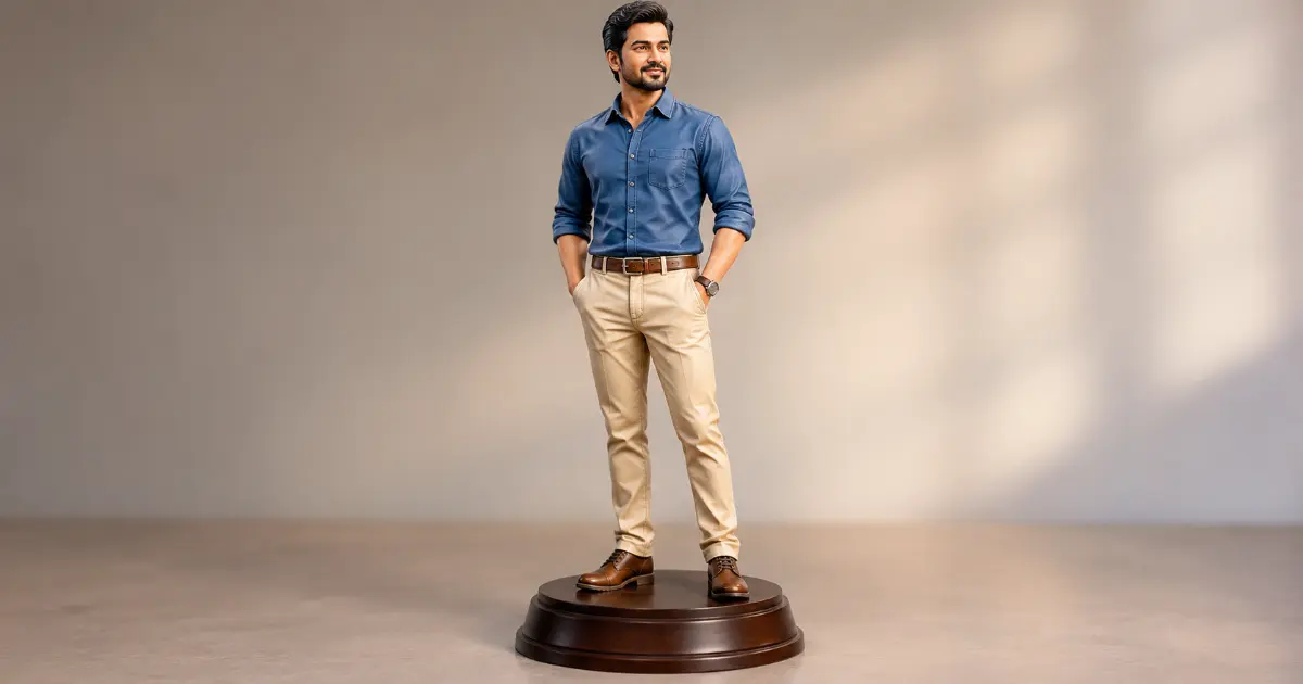 Wooden pedestal वर उभी असलेली resin figurine