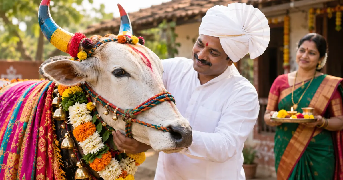 रंगवलेल्या शिंगांचा आणि फुलांच्या माळेने सजवलेला बैल व त्याच्यासोबतचा शेतकरी