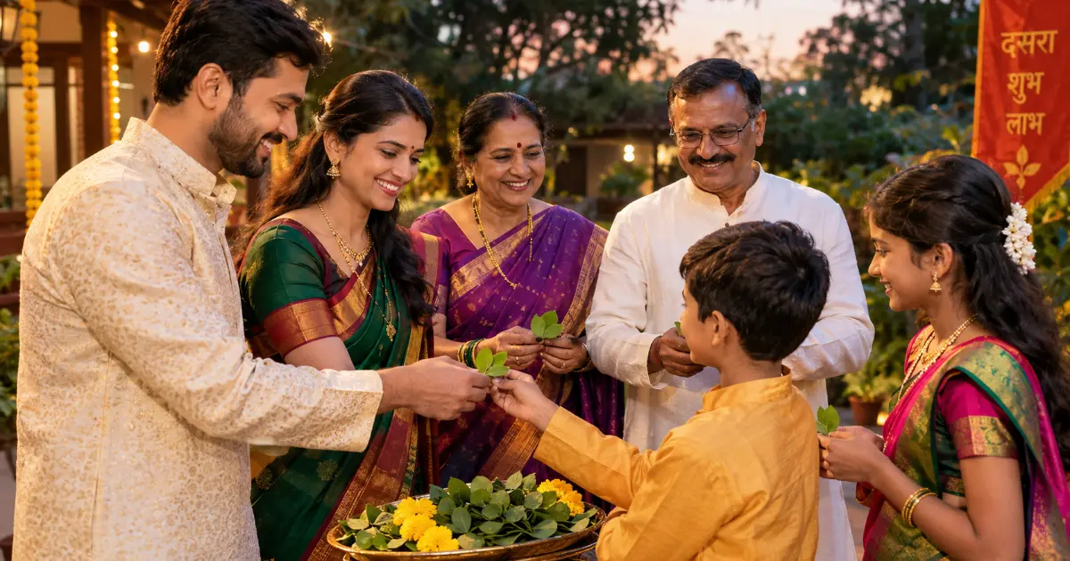 दसऱ्याला आपट्याची पाने देतानाचे कुटुंबाचे पारंपरिक दृश्य