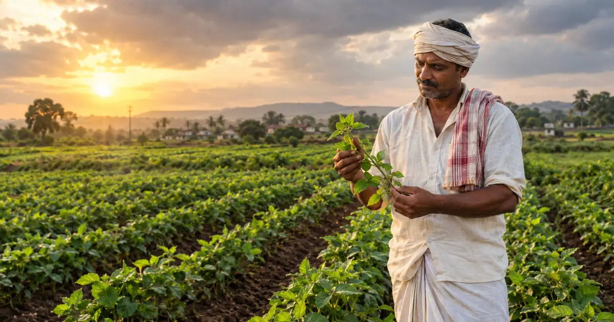 Indian Farmer Cinematic Prompts Marathi: महाराष्ट्रातील शेतात पिकाची तपासणी करणारा शेतकरी