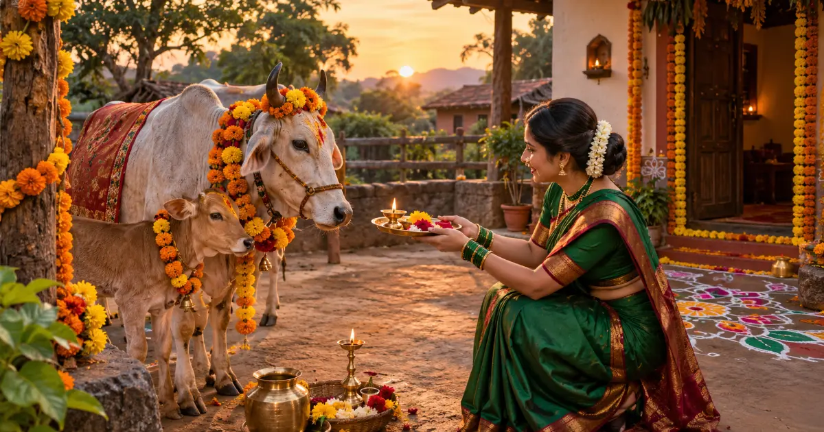Vasubaras AI photo prompt: सजवलेल्या गाय आणि वासरापुढे हिरव्या साडीतली स्त्री पूजेची थाळी घेऊन बसली आहे